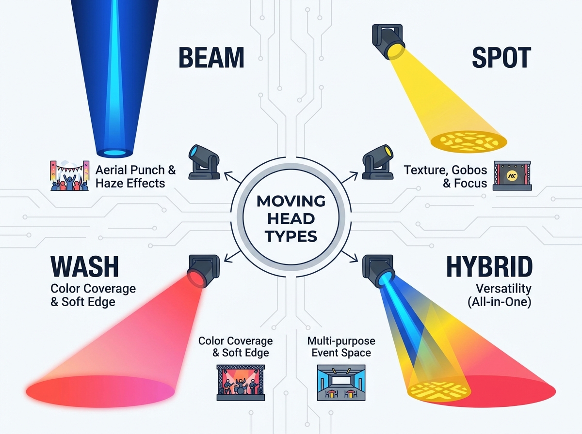 Configuraci&oacute;n profesional de montaje de luces de cabeza m&oacute;vil